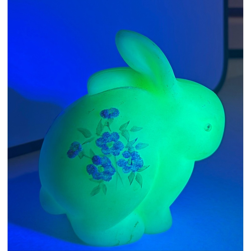 Fenton Custard Glass Bunny Figurine Hand Painted Floral Uranium Glass Rabbit
